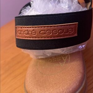 Andre Assous Black Sandal with Brown Leather Logo Patch